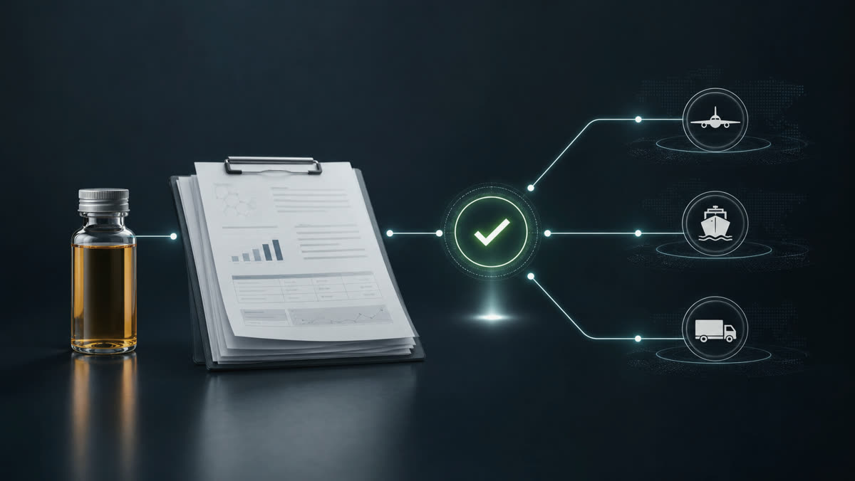 Conceptual visual of technical validation, compliance documentation and pathways to aviation, maritime and road fuel markets.