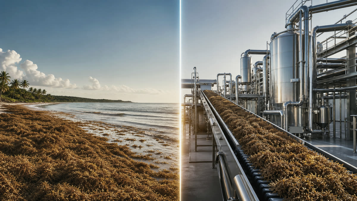 Visual transition from sargassum on a coastline to a clean industrial processing environment.