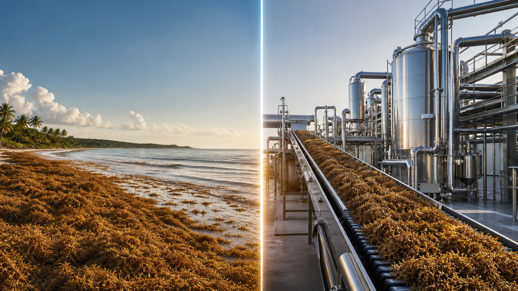 Visual transition from sargassum on a coastline to a clean industrial processing environment.