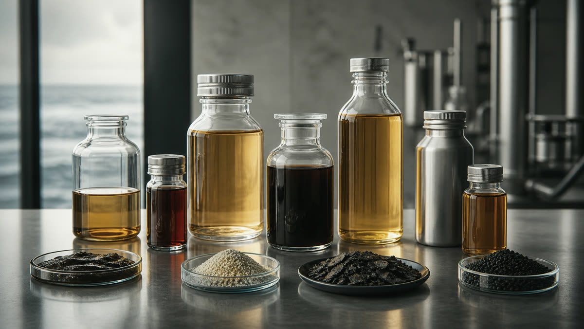Technical still life of renewable fuel-relevant liquid samples and co-products from marine biomass.