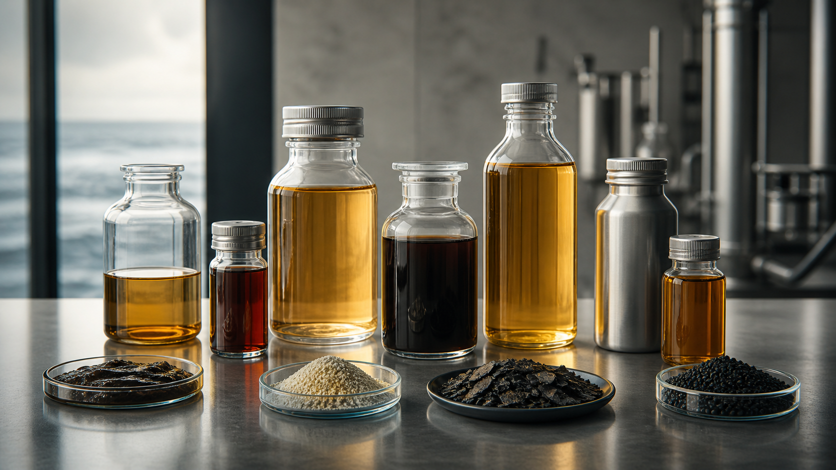 Technical still life of renewable fuel-relevant liquid samples and co-products from marine biomass.
