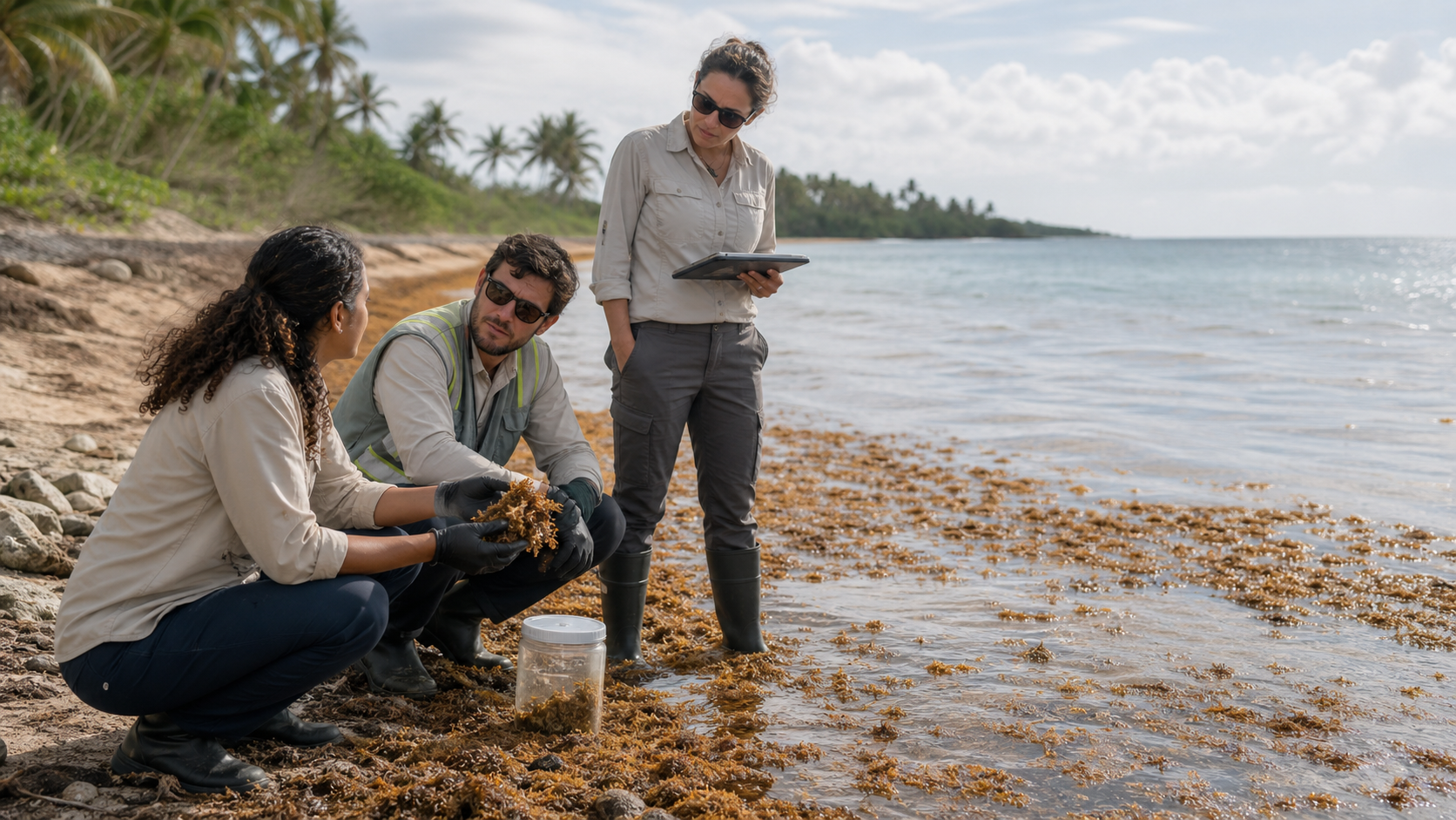 Professionals assessing marine biomass on a coastline, representing field operations and execution capability.