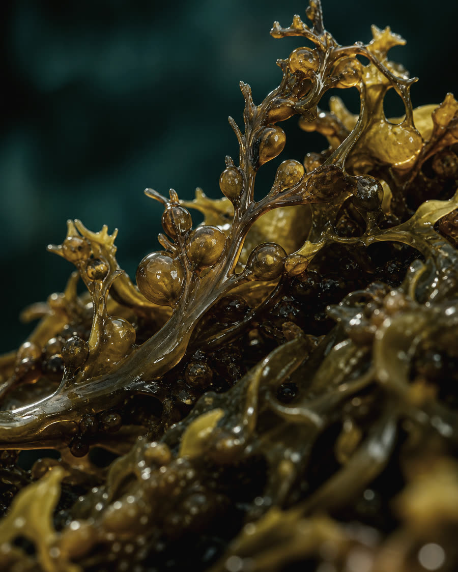 Close-up texture of wet macroalgae, showing marine biomass as a valuable industrial material.