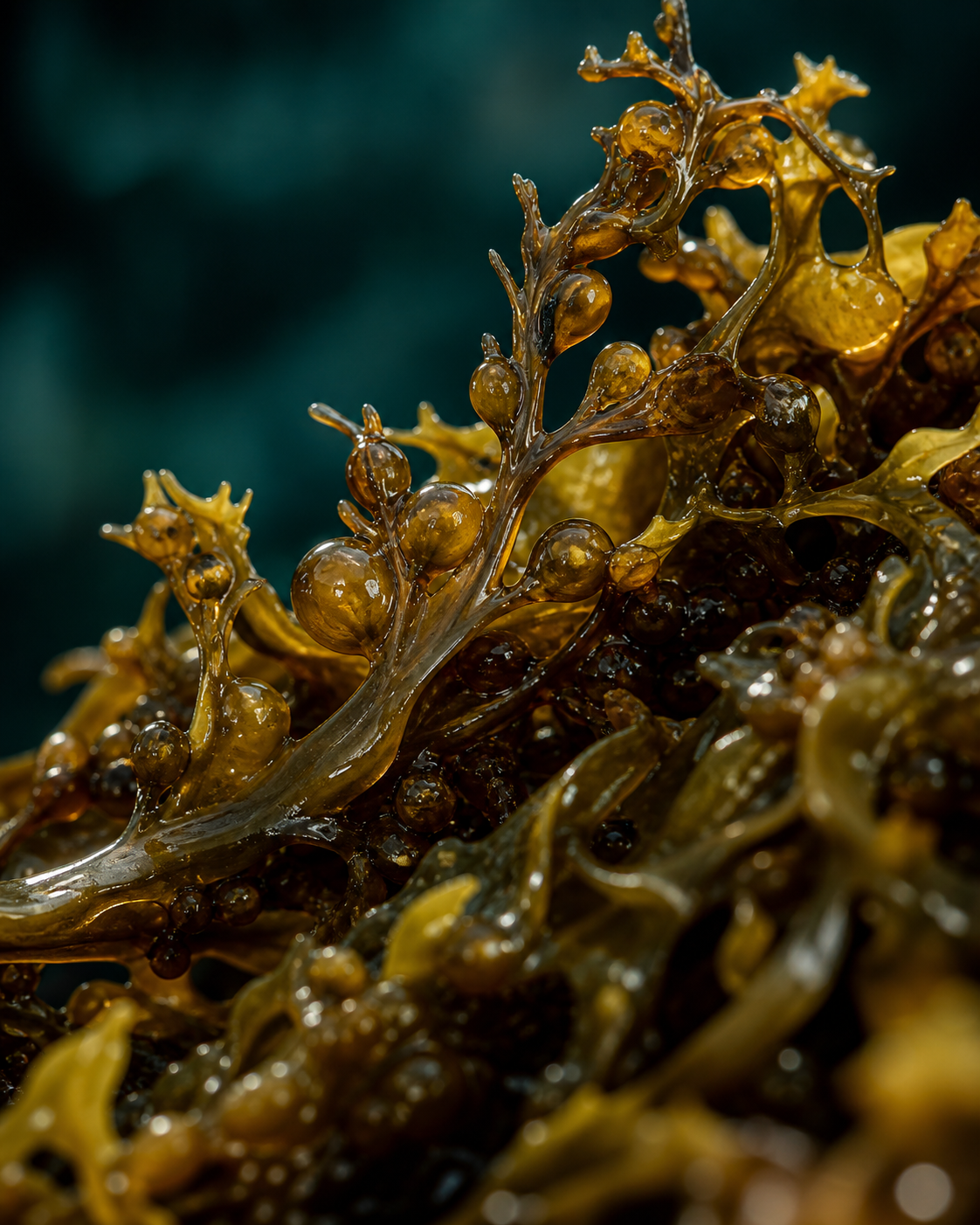 Close-up texture of wet macroalgae, showing marine biomass as a valuable industrial material.