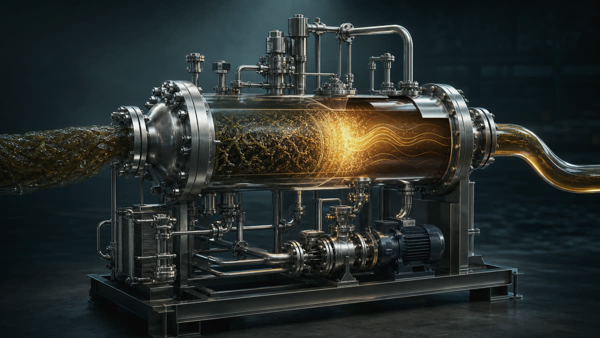 Clean industrial reactor visual representing marine biomass conversion into fuel-relevant liquid outputs.