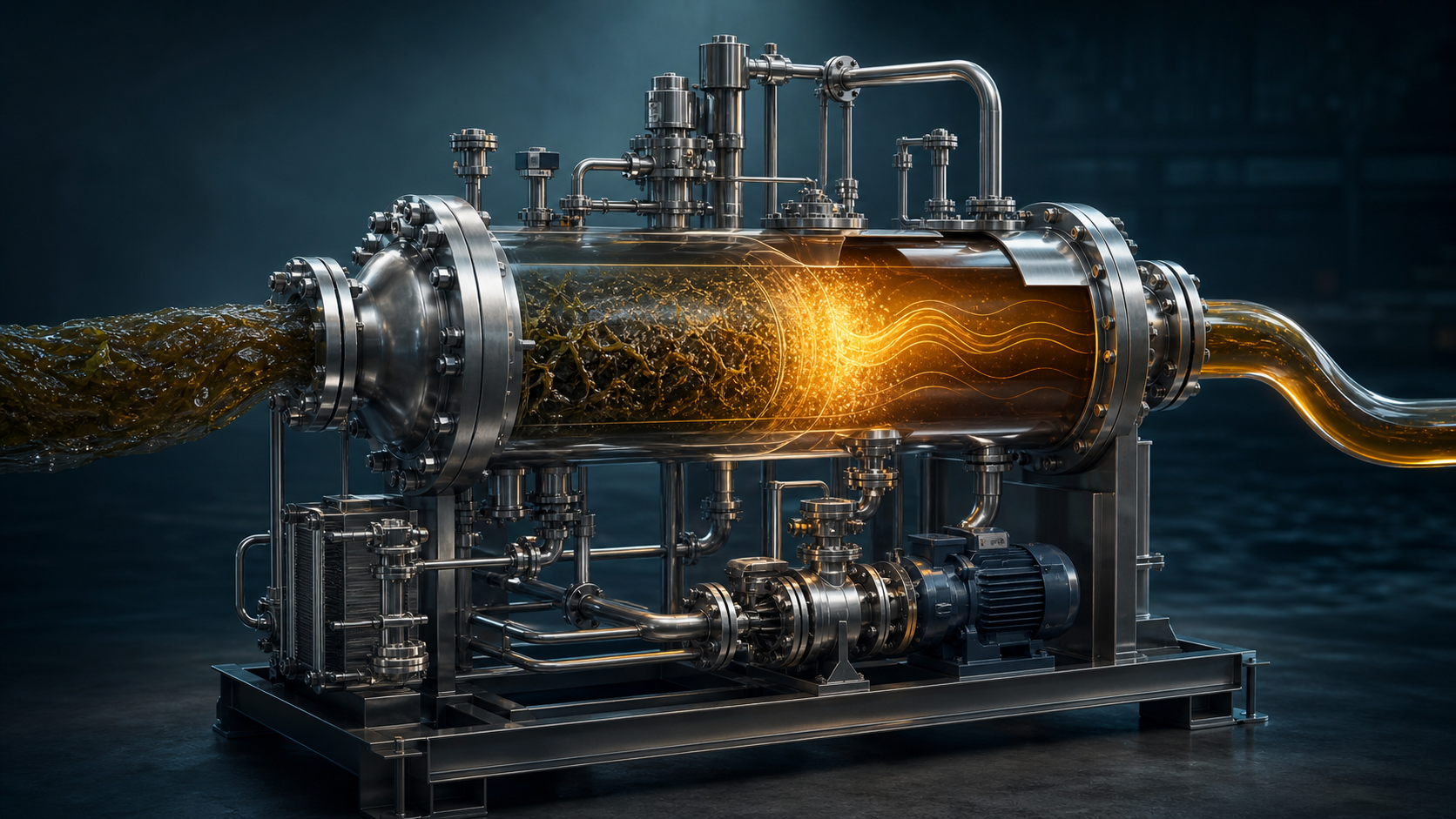 Clean industrial reactor visual representing marine biomass conversion into fuel-relevant liquid outputs.