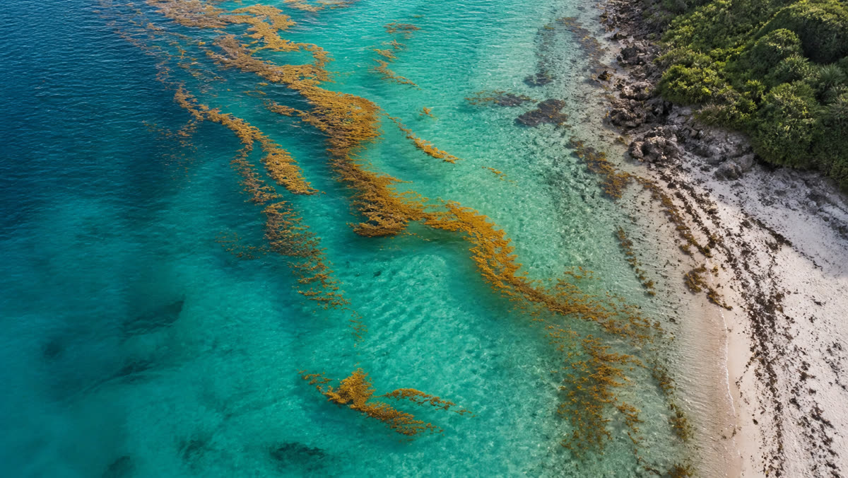 Aerial view of sargassum floating near a coastline, illustrating marine biomass arrival.