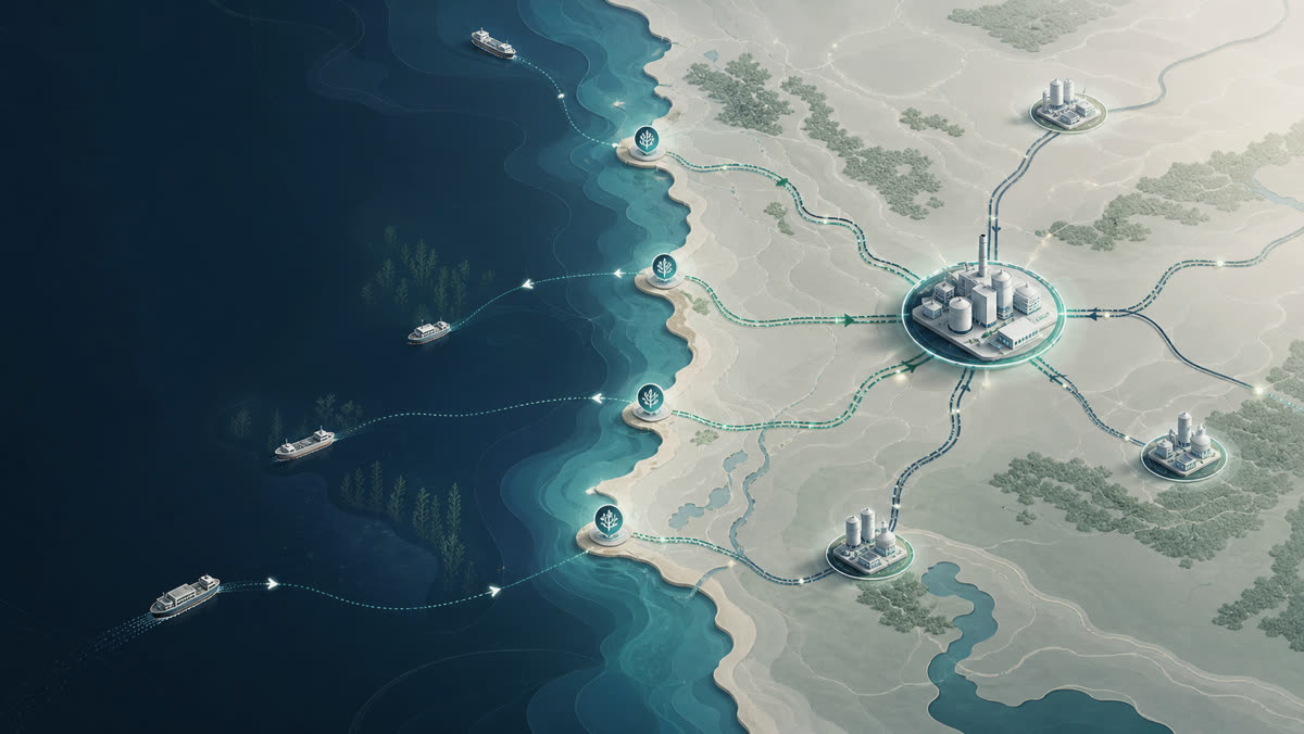 Conceptual map showing coastal biomass collection points connected to industrial processing nodes.