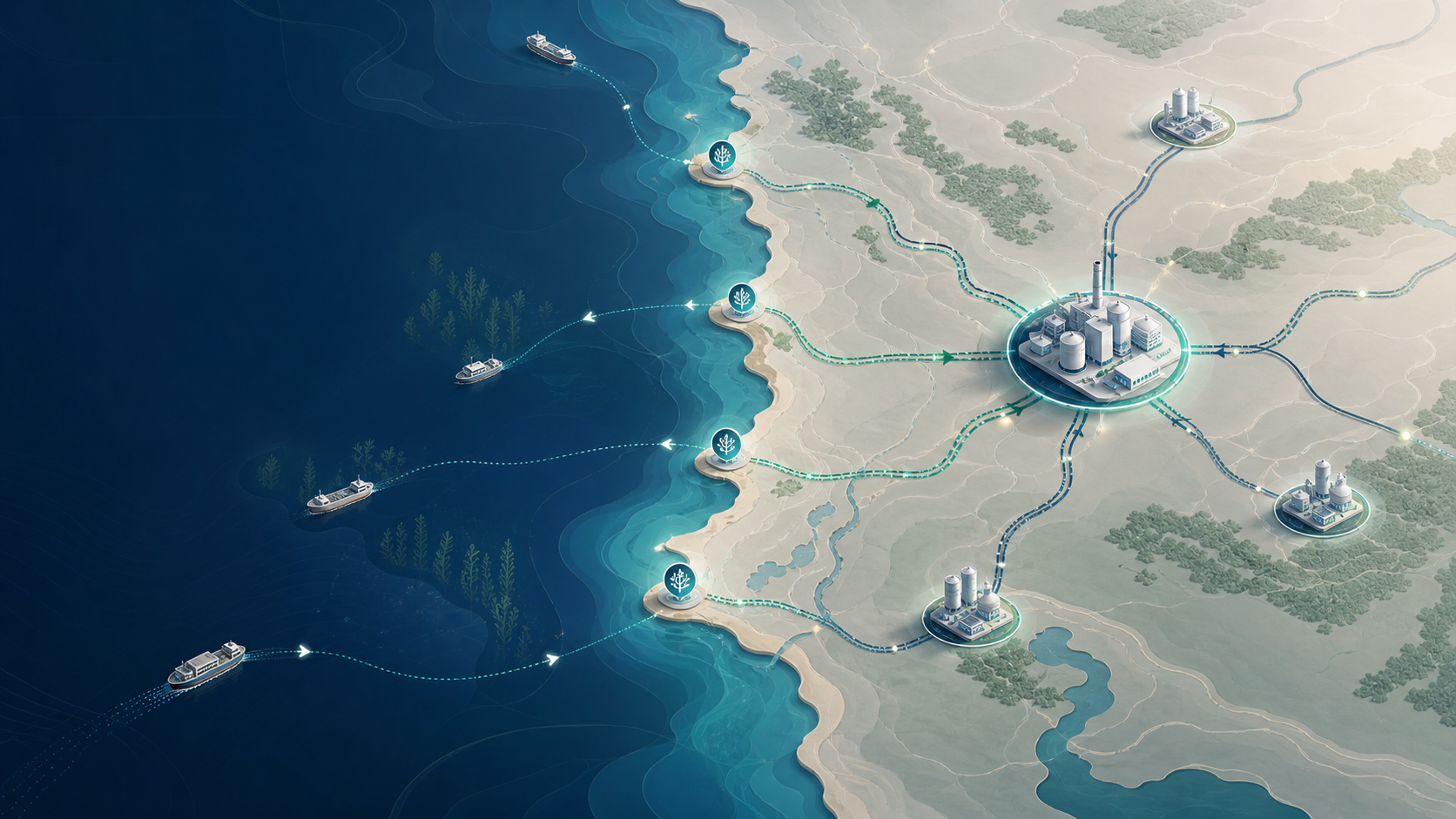 Conceptual map showing coastal biomass collection points connected to industrial processing nodes.